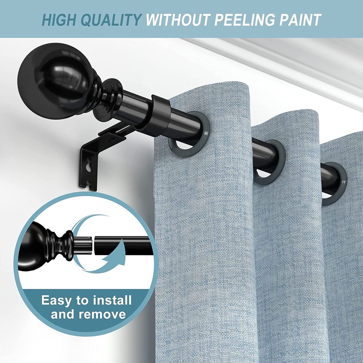 Black Curtain Rods For Windows 48 To 84 Inches, 1" Diameter