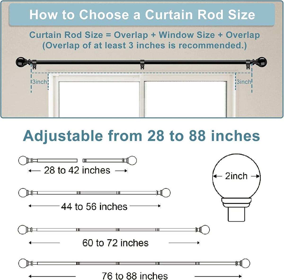 Black Curtain Rods For Windows 48 To 84 Inches, 1" Diameter