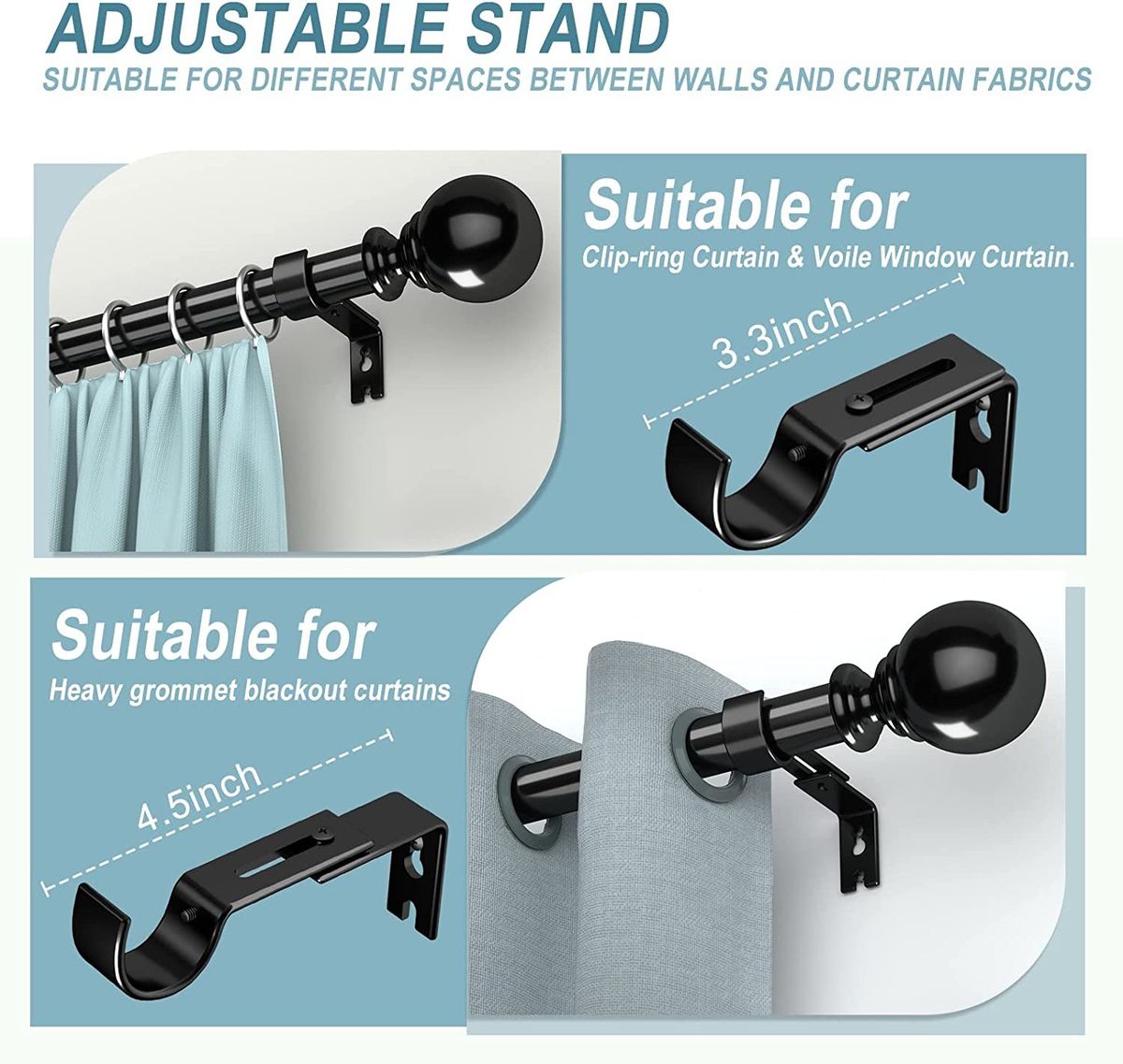 Black Curtain Rods For Windows 48 To 84 Inches, 1" Diameter