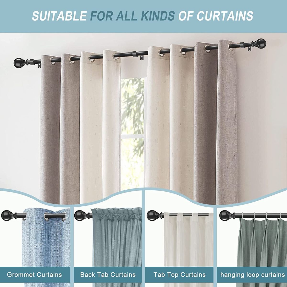 Black Curtain Rods For Windows 48 To 84 Inches, 1" Diameter