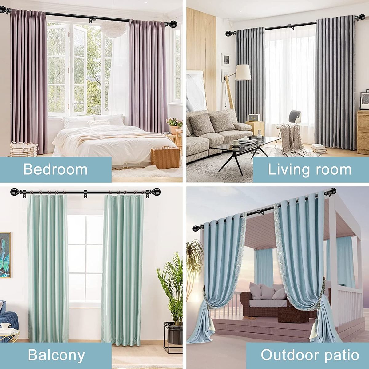 Black Curtain Rods For Windows 48 To 84 Inches, 1" Diameter