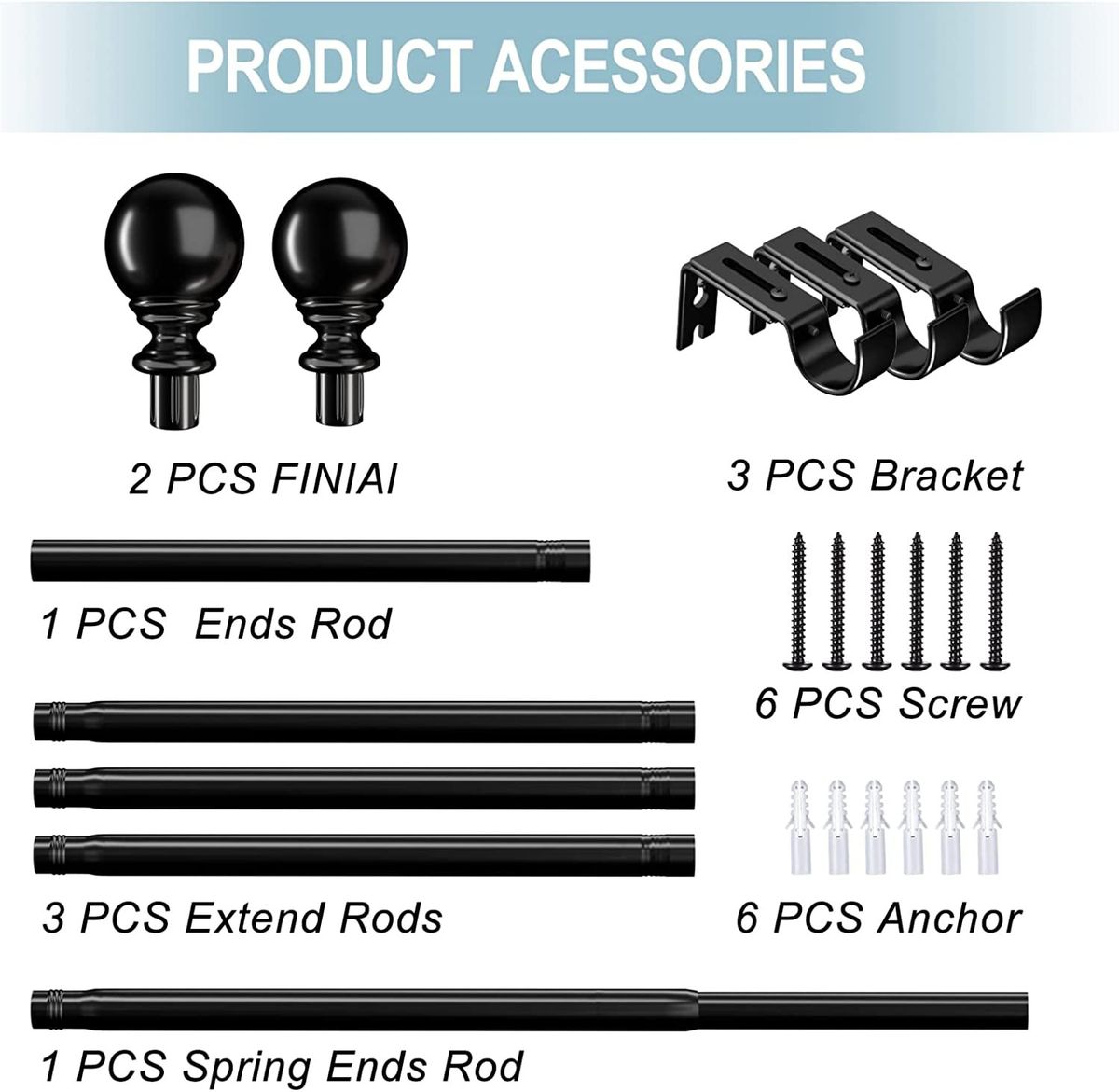 Black Curtain Rods For Windows 48 To 84 Inches, 1" Diameter