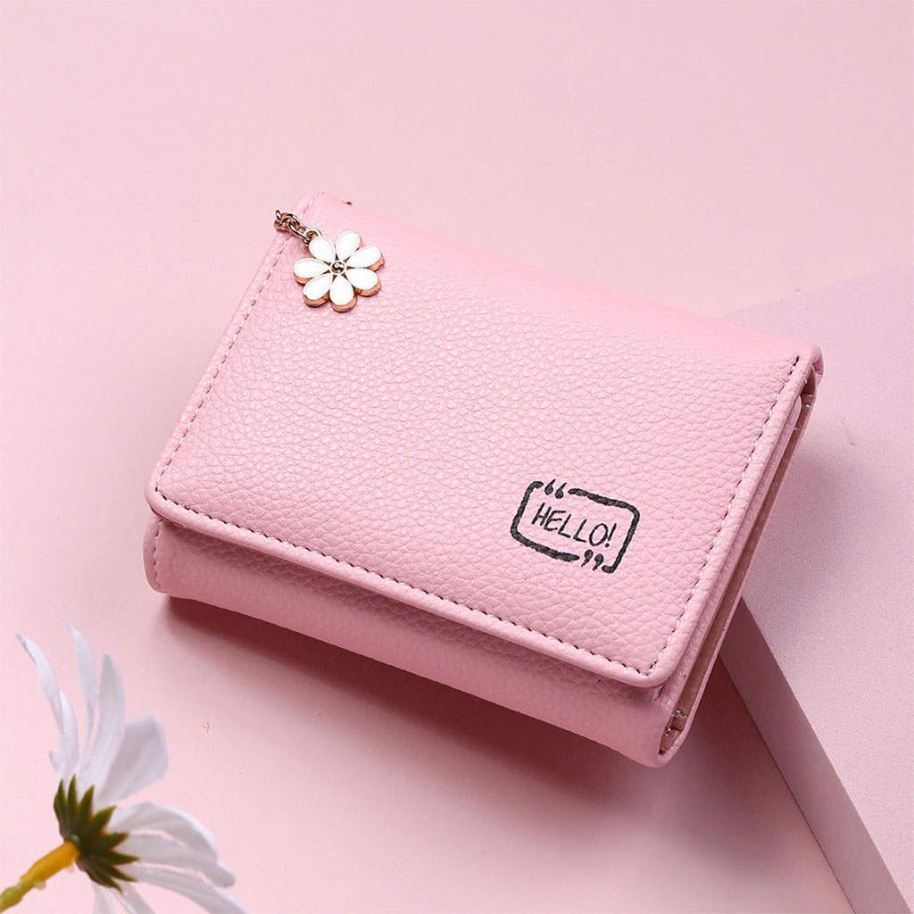 Women Ladies Wallet Mini Bifold Change Pouch PU Leather Compact Pink