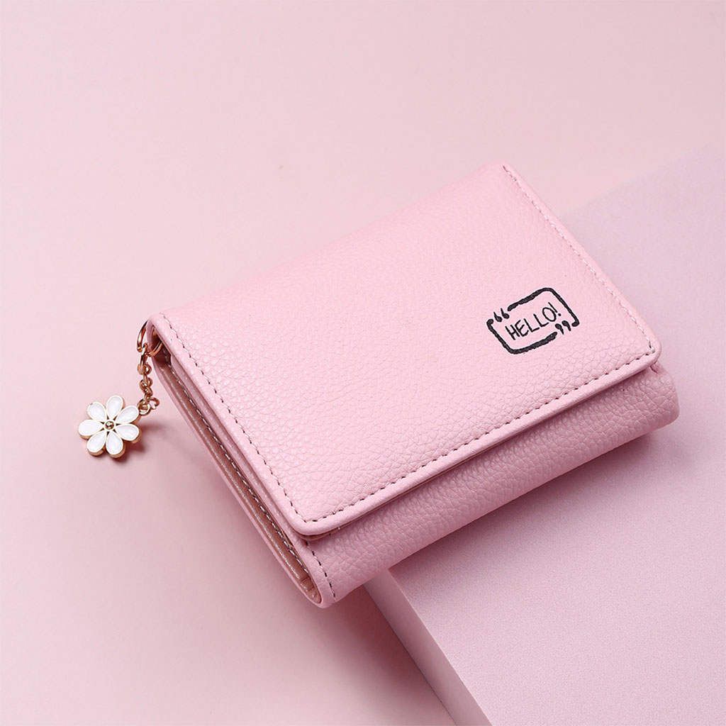 Women Ladies Wallet Mini Bifold Change Pouch PU Leather Compact Pink