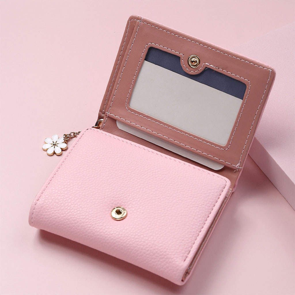 Women Ladies Wallet Mini Bifold Change Pouch PU Leather Compact Pink
