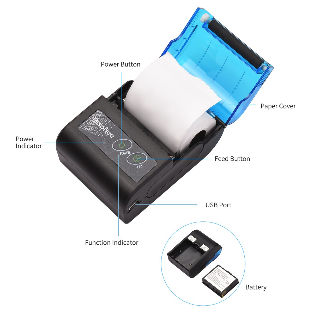 Portable Mini Thermal Receipt Printer 2Inch Wireless USB58mm
