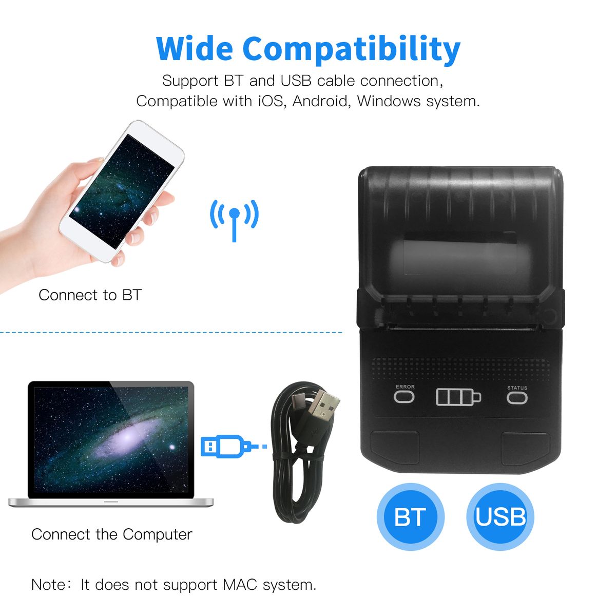 Portable 58mm Thermal Receipt Printer Wireless BT Mini Bill