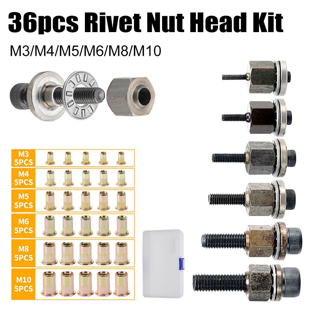 36pcs Rivet Nut Head Kit  Galvanized Hand Rivet Head Set With M3/M4/M5/M6/M8/M10 M3-M10 Nutsortment Simple Installation