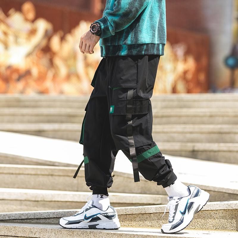 Hip-Hop Cargo Pants Street Clothing For Hip Hop Ribbons Exercise Pants with Pocket M-5XL Color Black Novelty