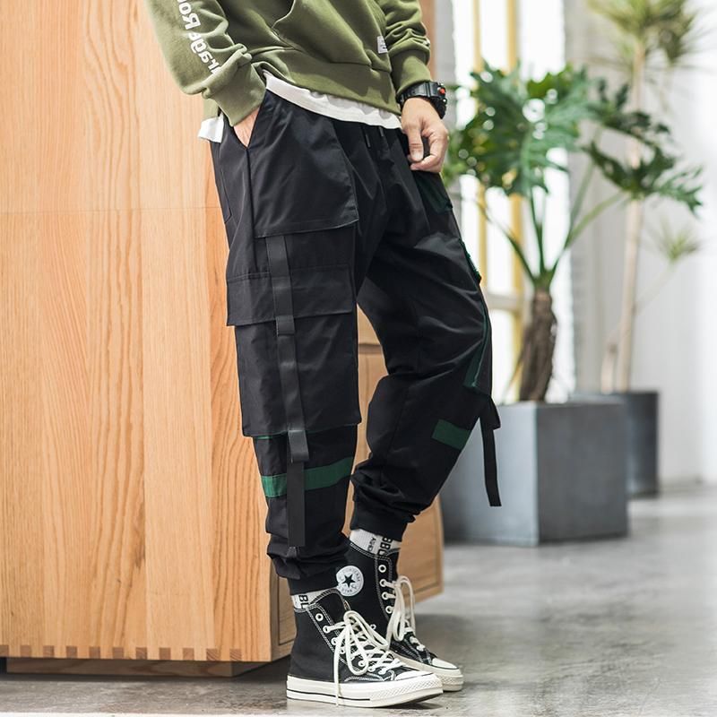 Hip-Hop Cargo Pants Street Clothing For Hip Hop Ribbons Exercise Pants with Pocket M-5XL Color Black Novelty
