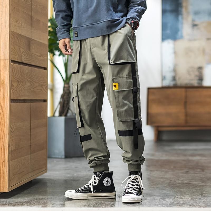 Hip-Hop Cargo Pants Street Clothing For Hip Hop Ribbons Exercise Pants with Pocket M-5XL Color Black Novelty