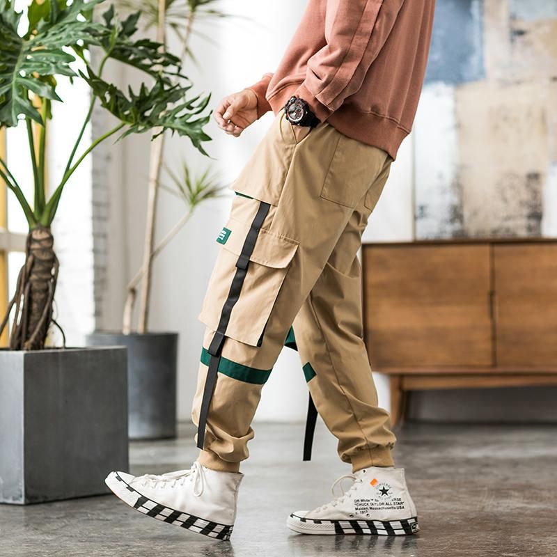 Hip-Hop Cargo Pants Street Clothing For Hip Hop Ribbons Exercise Pants with Pocket M-5XL Color Black Novelty
