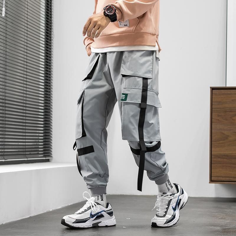 Hip-Hop Cargo Pants Street Clothing For Hip Hop Ribbons Exercise Pants with Pocket M-5XL Color Black Novelty