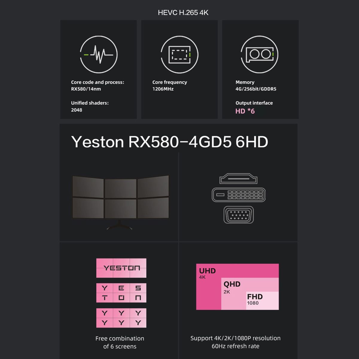 RX580-4G 6HD Graphics Card 4G/256bit/GDDR5 Memory