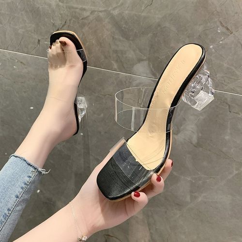 Thick Square Low Heels Shoes Woman Transparent Sandals Plus Size 42/43 Ladies