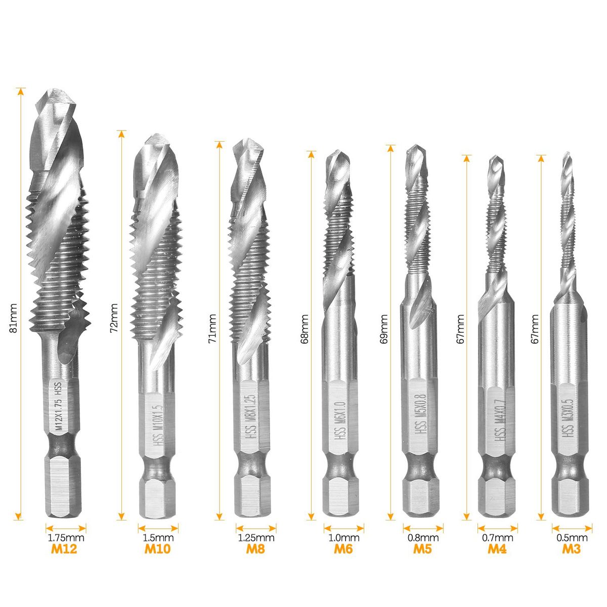 7Pcs Combination Drill and Tap Set Metric Thread HSS M3-M12 Screw Tapping bit Tool Quick Change 1/4in Hex Shank