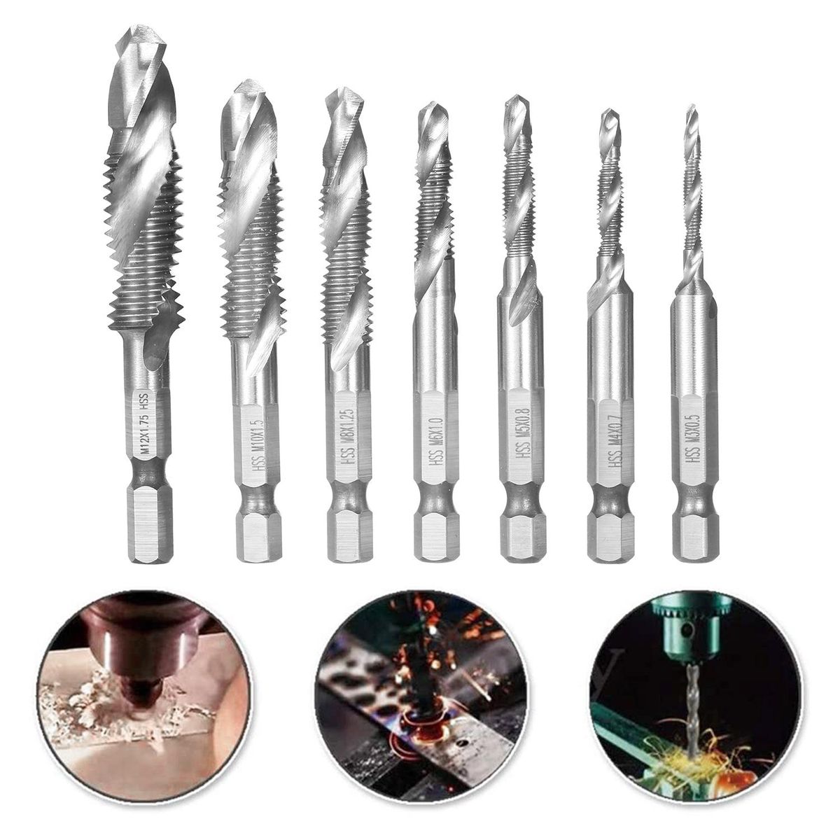 7Pcs Combination Drill and Tap Set Metric Thread HSS M3-M12 Screw Tapping bit Tool Quick Change 1/4in Hex Shank