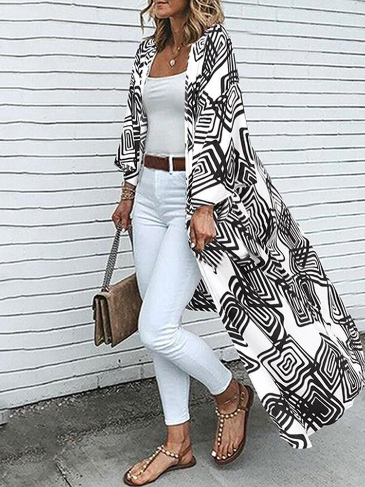 Geo Print Loose Open Front Long Sleeve Bohemian Cardigan