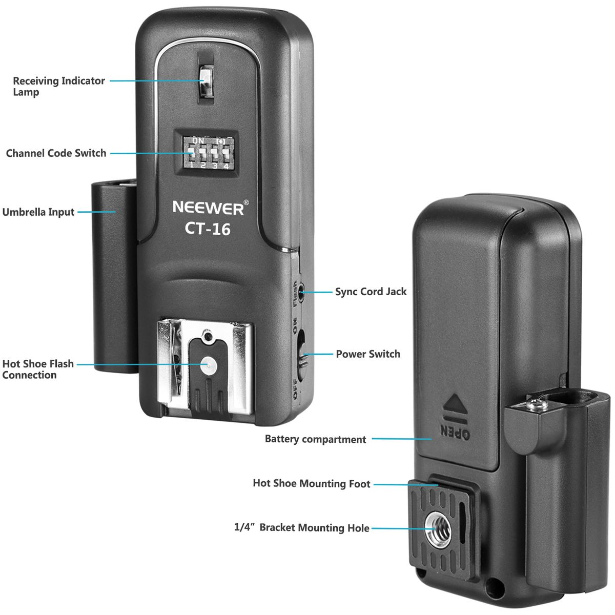16 Channels Wireless Radio Flash Speedlite Studio Trigger Set With Standard Hot Shoe, Including Transmitter And Receiver, Fit For Canon Nikon Pentax Olympus Panasonic DSLR Cameras (CT-16)