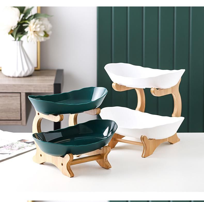 2 Tiers Fruit Storage Plate Display Snacks Dessert Holder Bowl With Wood Shelf Candy Cake Stand For Living Room Home  Party Kitchen Serving Platter Decor Storage Box