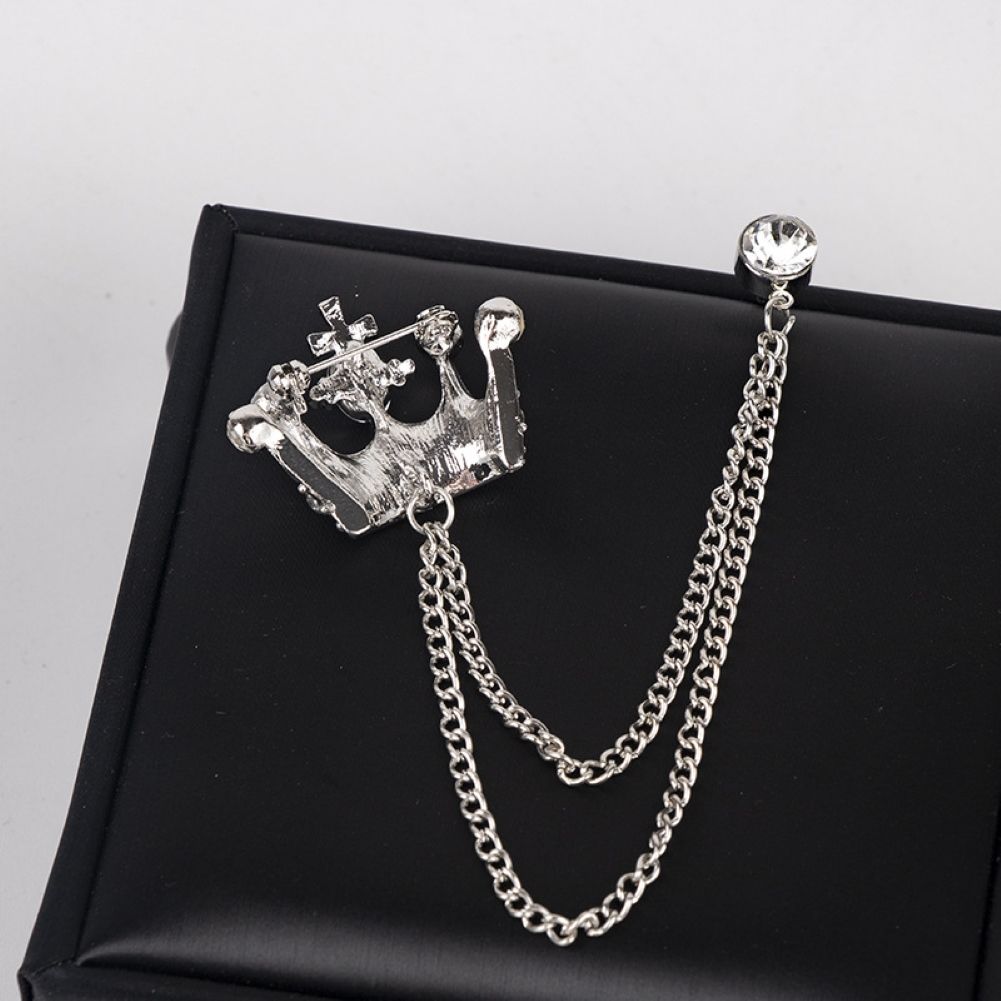 Unisex Crown Shape Brooch Tassel Chain Lapel Pin Retro Corsage Suit Accessory-Golden