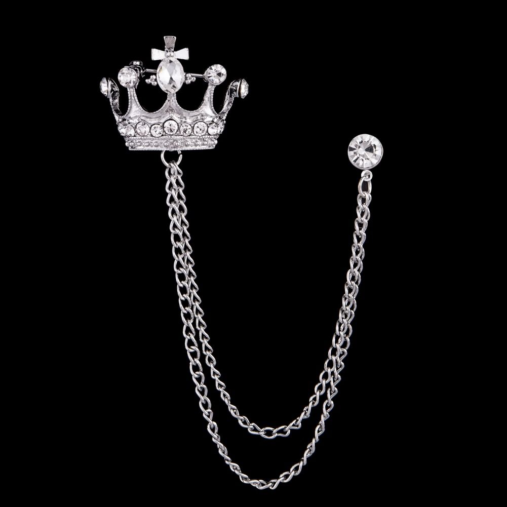 Unisex Crown Shape Brooch Tassel Chain Lapel Pin Retro Corsage Suit Accessory-Golden