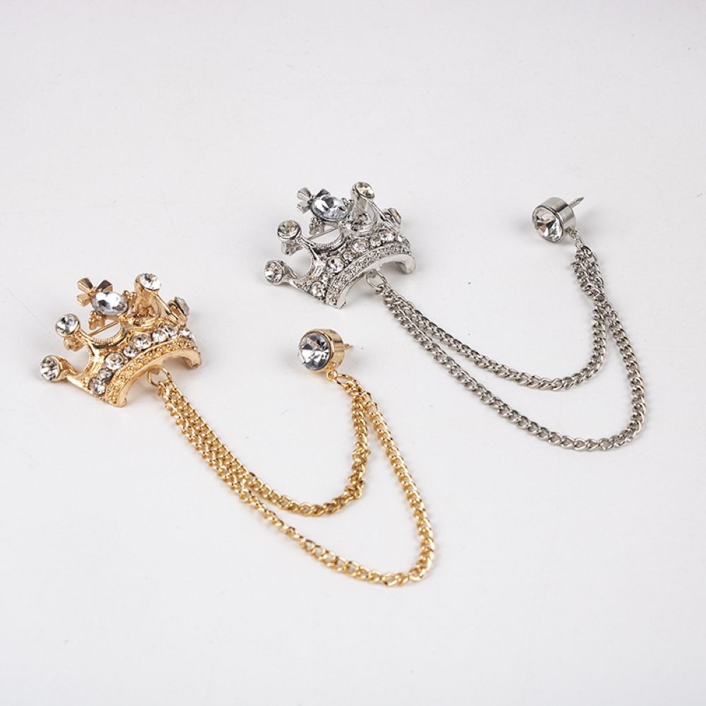 Unisex Crown Shape Brooch Tassel Chain Lapel Pin Retro Corsage Suit Accessory-Golden