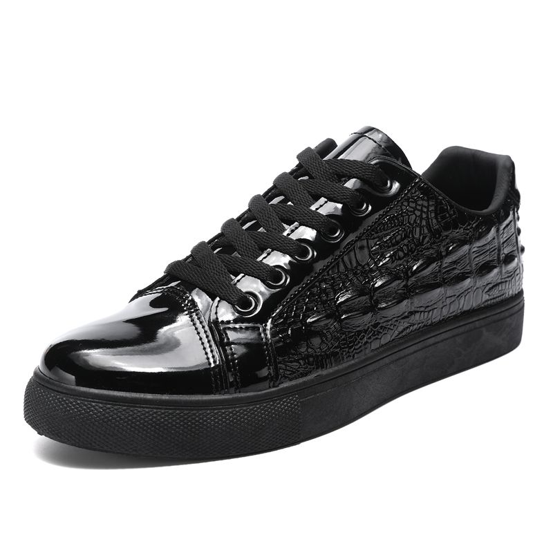 Trendy Men's Casual Shoes Glossy Leather Running Sneakers - Black