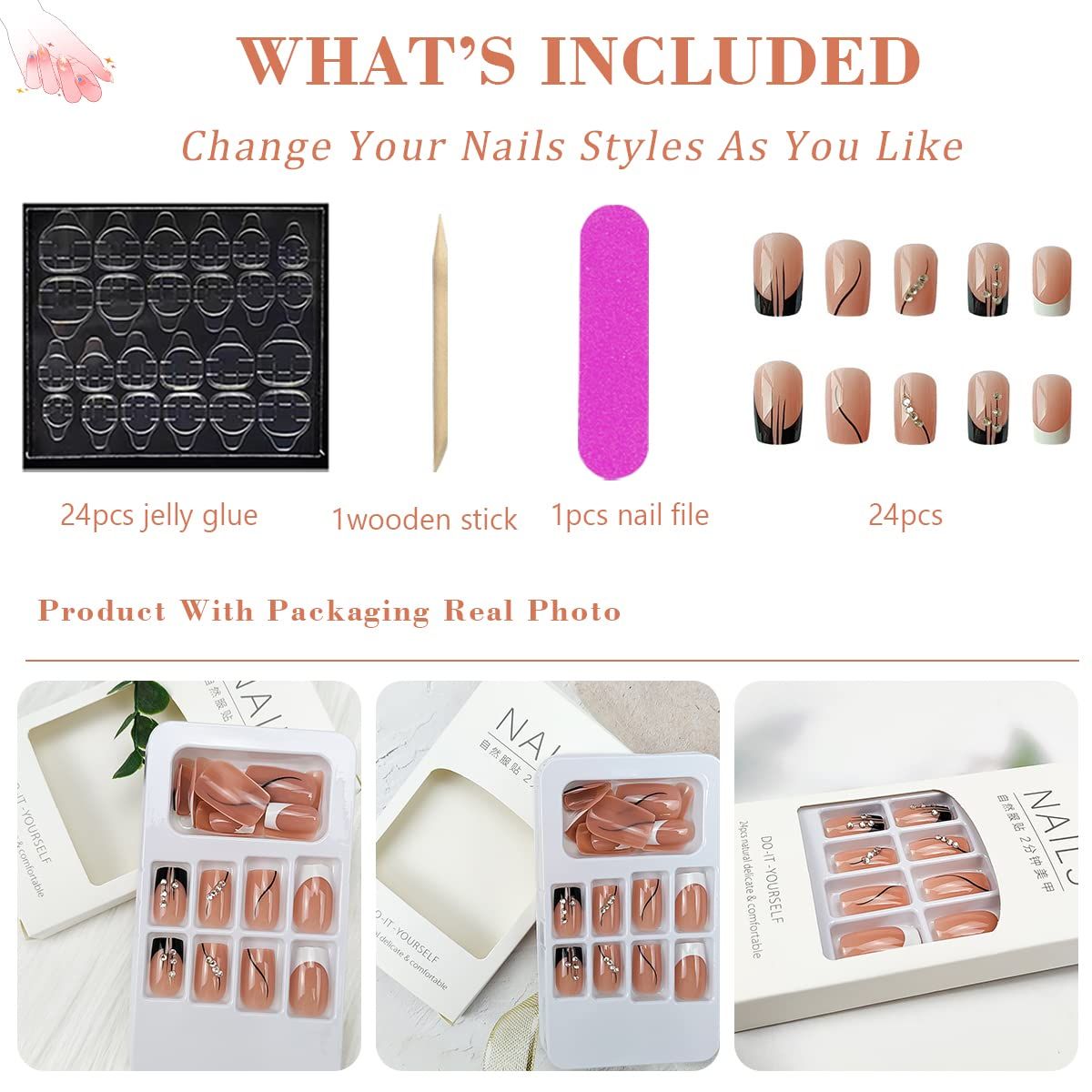 French Press On Nails Medium Square Fake Nails 24Pcs