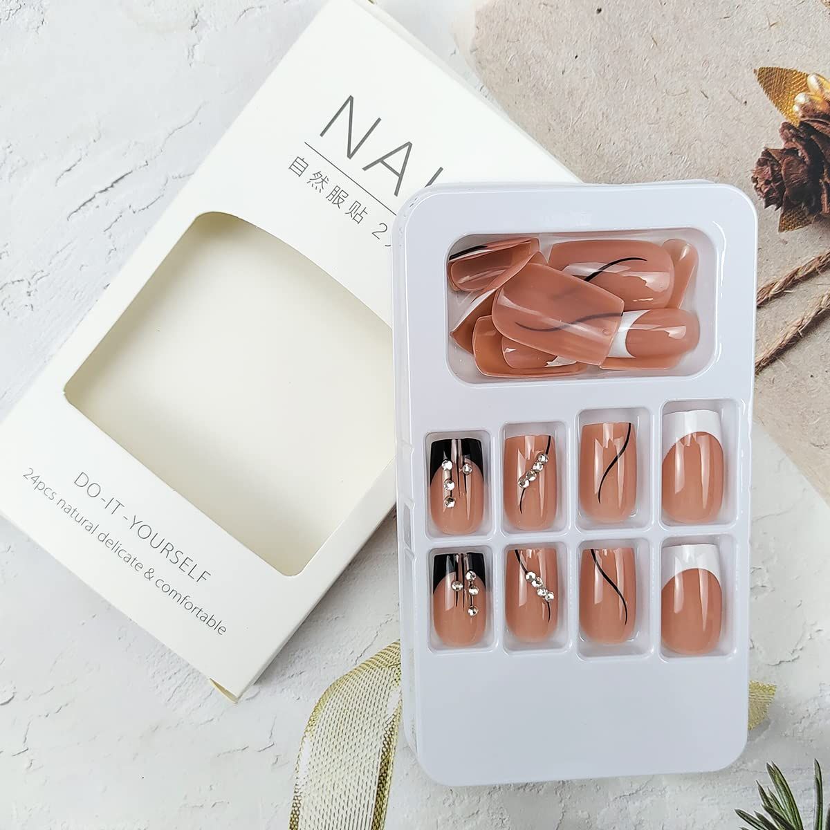 French Press On Nails Medium Square Fake Nails 24Pcs