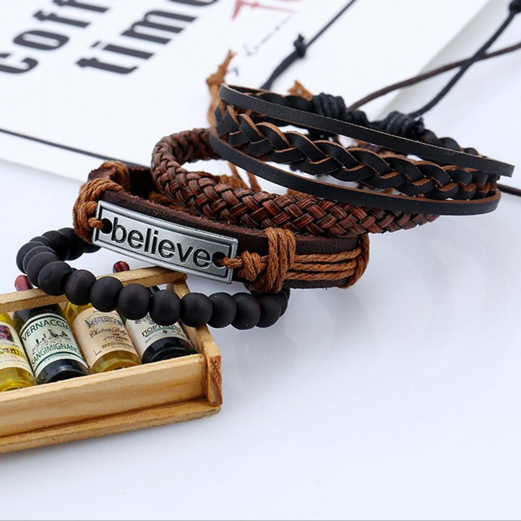 4Pcs PU Leather Mens Bracelets Multilayer Rope BELIEVE Bracelet Braided