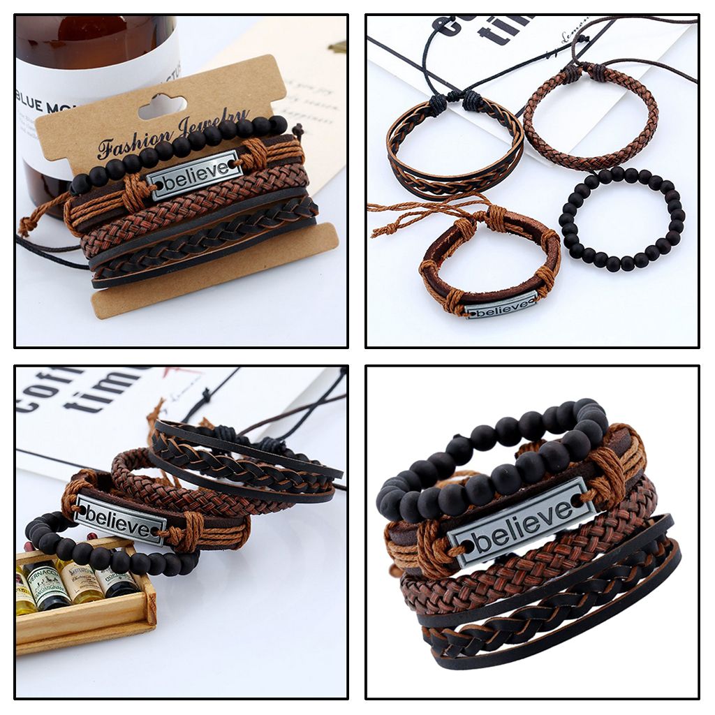 4Pcs PU Leather Mens Bracelets Multilayer Rope BELIEVE Bracelet Braided