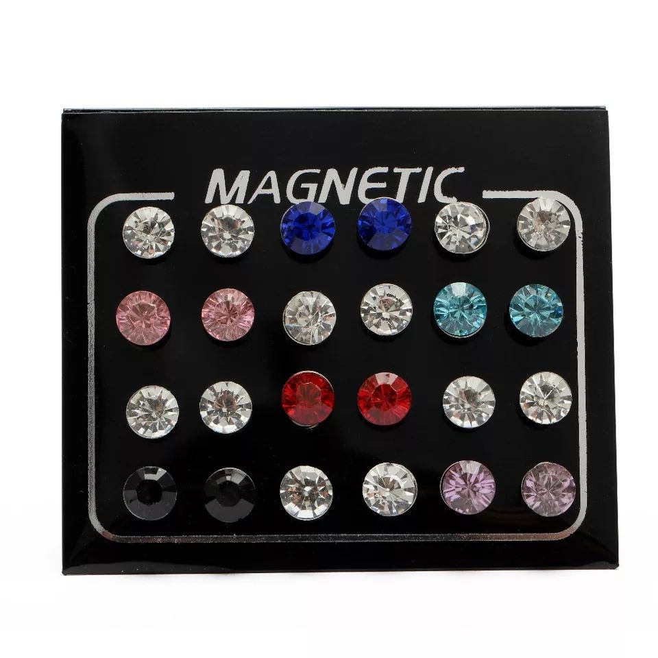 12 Pairs Multicolour Magnetic Round Crystal Rhinestone Men Women Unisex Earrings No Piercing