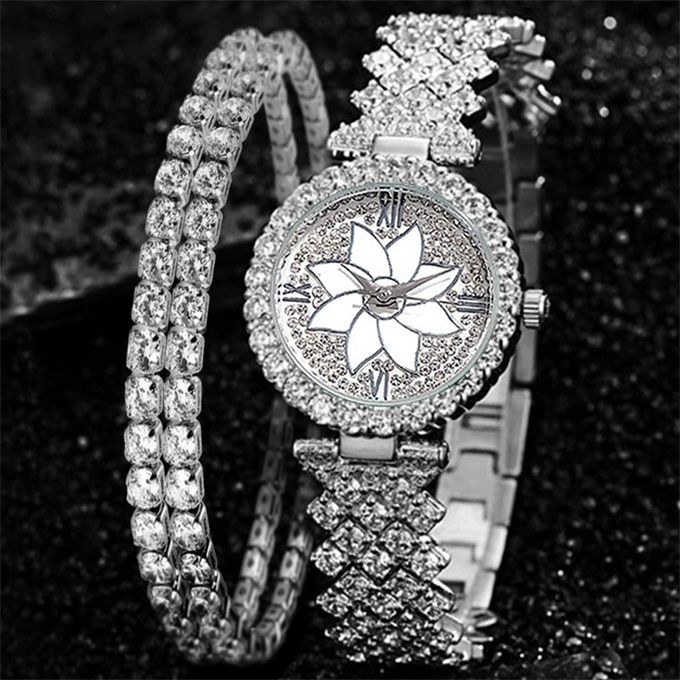 Elegant Studed Ladies Wristwatch With Hand Chain-Silver