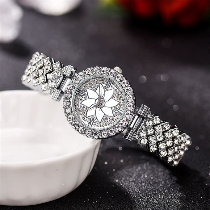 Elegant Studed Ladies Wristwatch With Hand Chain-Silver
