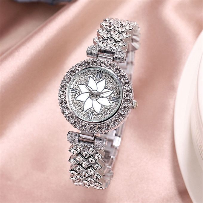 Elegant Studed Ladies Wristwatch With Hand Chain-Silver