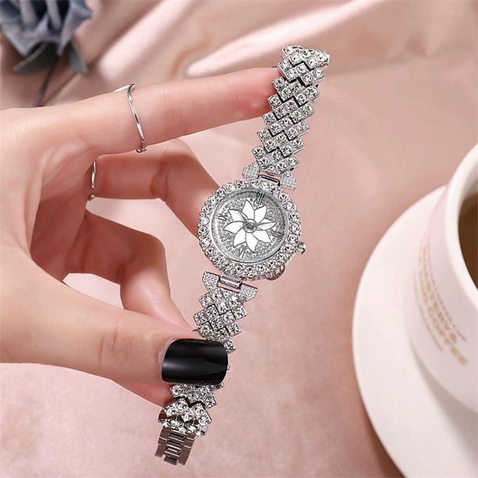 Elegant Studed Ladies Wristwatch With Hand Chain-Silver