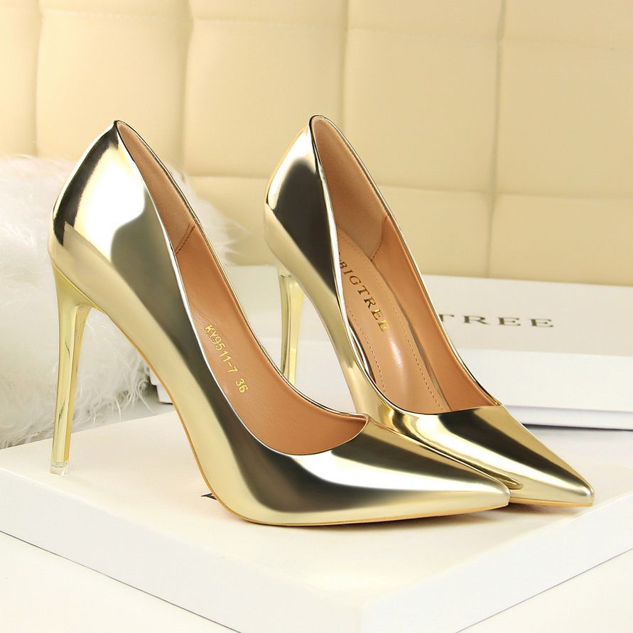 Female Metallic Heels Wedding Pumps Dress Party Shoes Gold