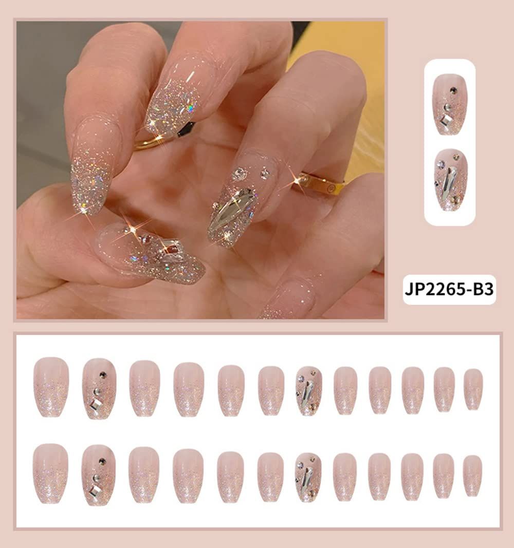 24Pcs Press On Nails Medium 3D Rhinestones Almond Fake Nails Glue On Nails False Nails