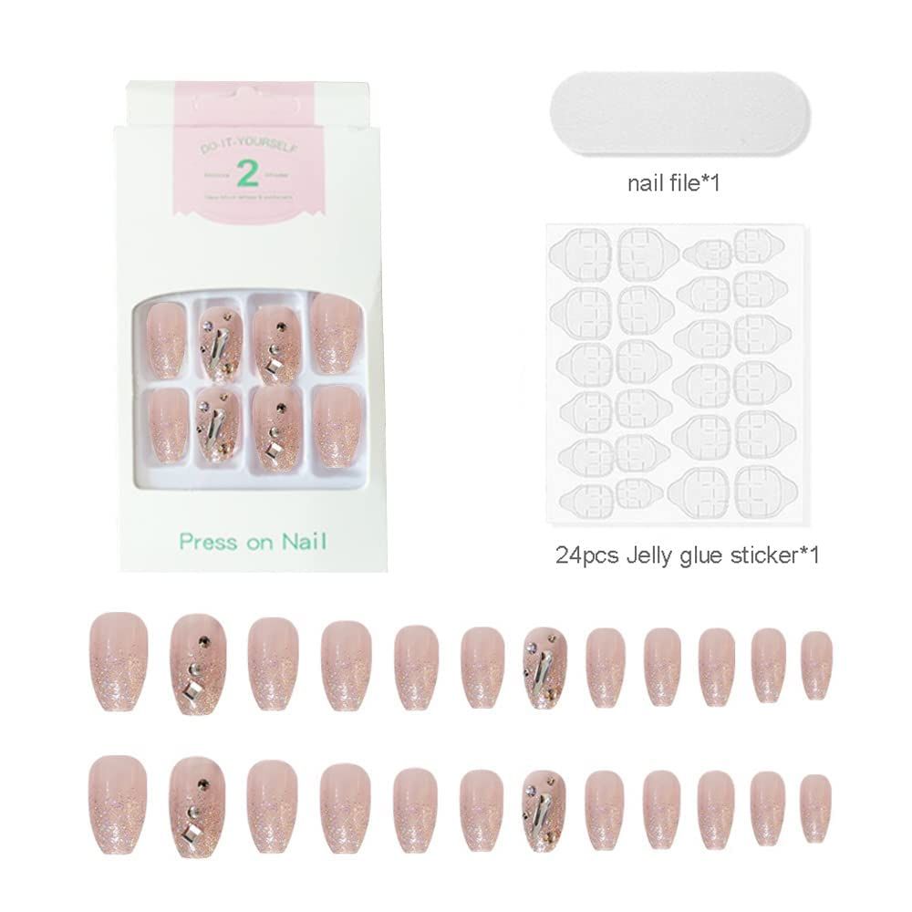 24Pcs Press On Nails Medium 3D Rhinestones Almond Fake Nails Glue On Nails False Nails