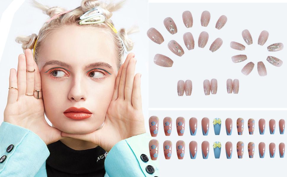 24Pcs Press On Nails Medium 3D Rhinestones Almond Fake Nails Glue On Nails False Nails