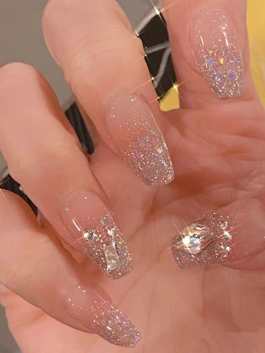 24Pcs Press On Nails Medium 3D Rhinestones Almond Fake Nails Glue On Nails False Nails