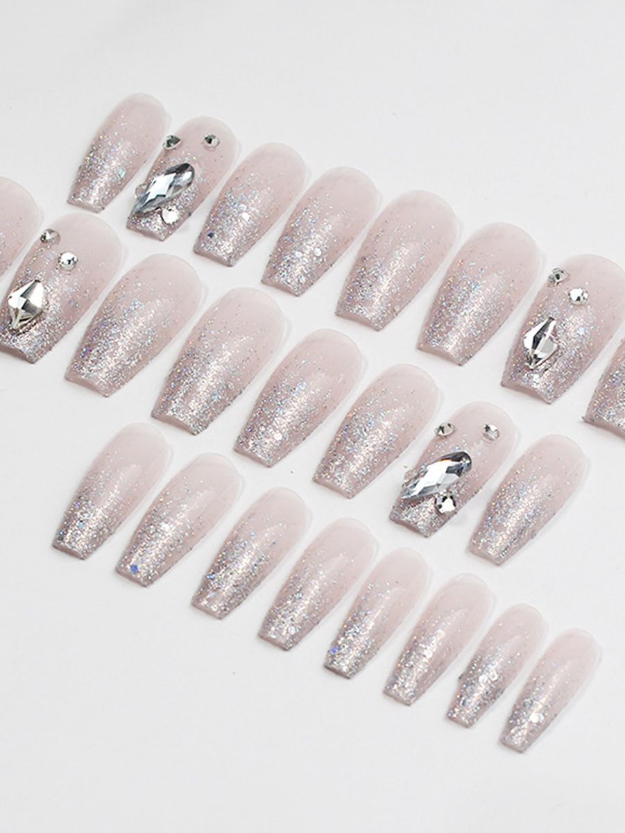 24Pcs Press On Nails Medium 3D Rhinestones Almond Fake Nails Glue On Nails False Nails