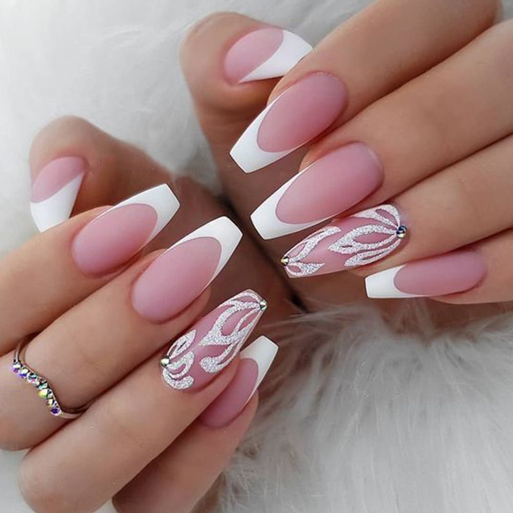 Medium Length French Tips With Pattern Press On Nails + Kit