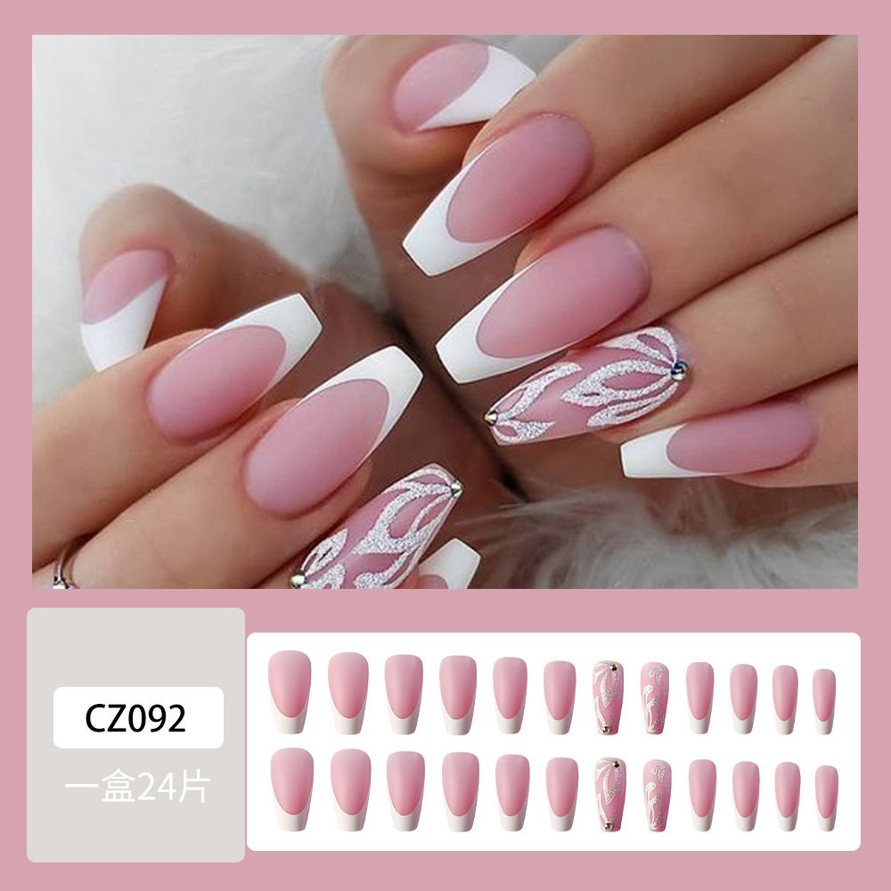 Medium Length French Tips With Pattern Press On Nails + Kit