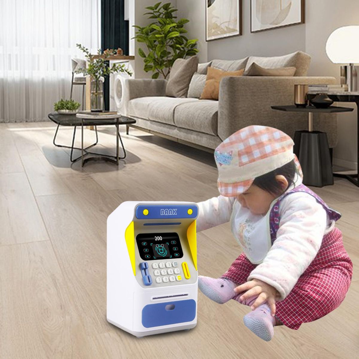 Small Atm  Machine Piggy   Simulation For  Children Blue