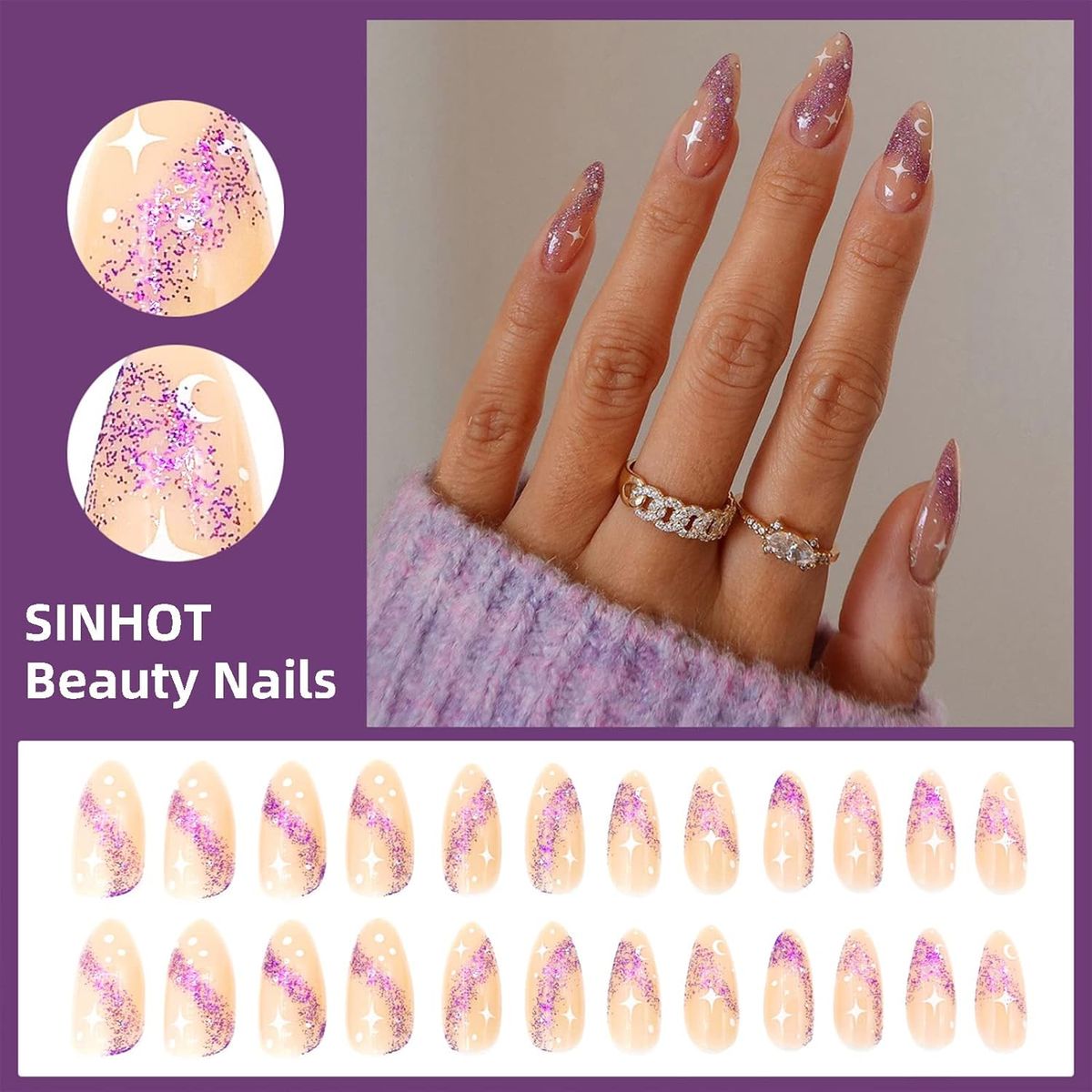 Purple Press On Nails Fake Nails Almond Cute Women's Bling False Nails 24Pcs