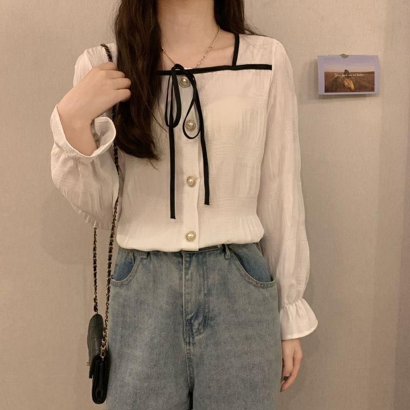 Square Collar Shirt Women's Fashionable Belly-Covering Elegant Western Style Slimming Bow Long-Sleeved Red All-Match Chiffon Shirt Top