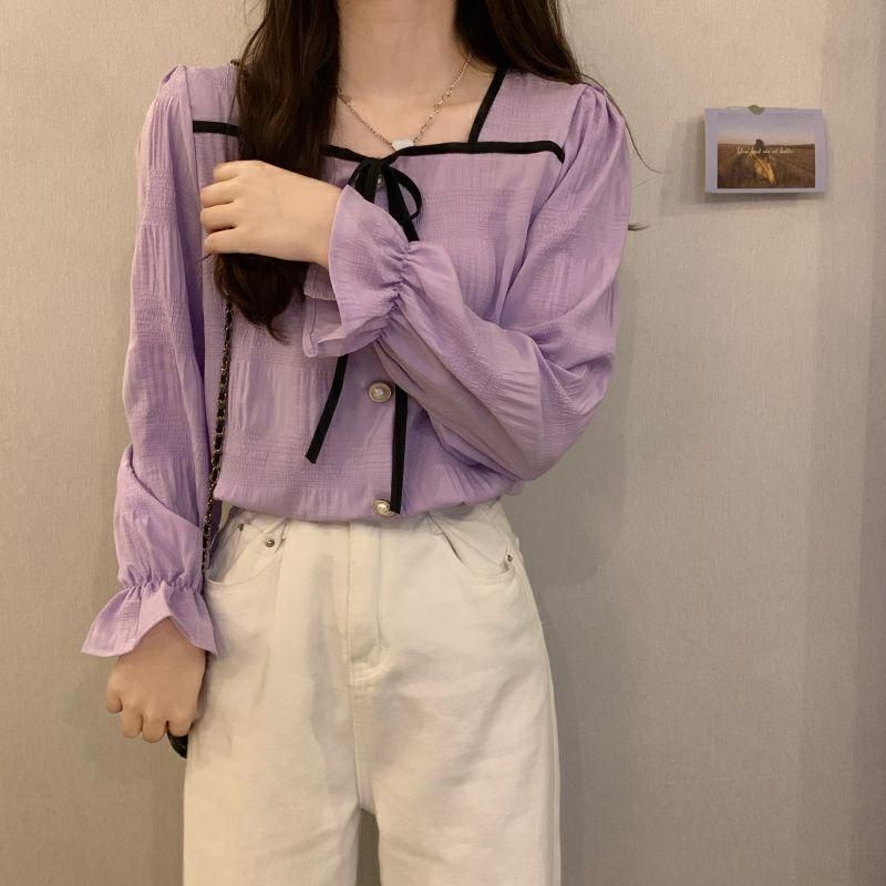 Square Collar Shirt Women's Fashionable Belly-Covering Elegant Western Style Slimming Bow Long-Sleeved Red All-Match Chiffon Shirt Top