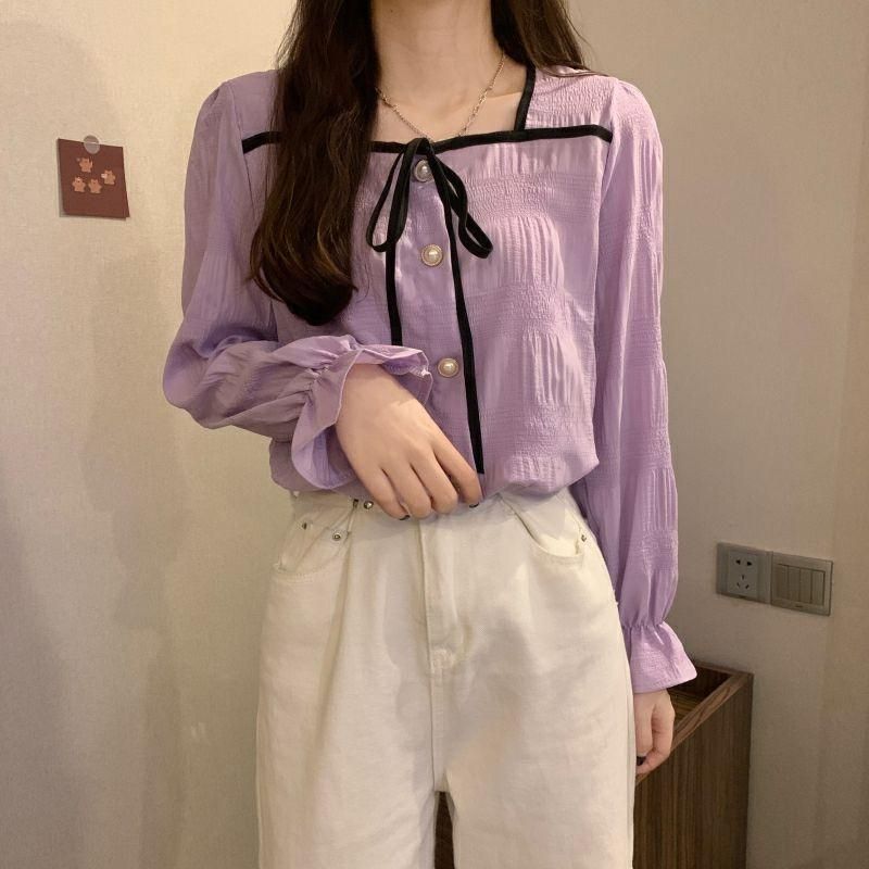 Square Collar Shirt Women's Fashionable Belly-Covering Elegant Western Style Slimming Bow Long-Sleeved Red All-Match Chiffon Shirt Top